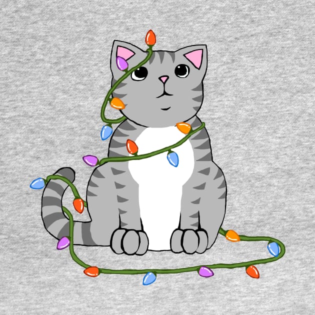 Cute Christmas Cat Wrapped in Xmas Lights Kawaii Gray Tabby by xenotransplant